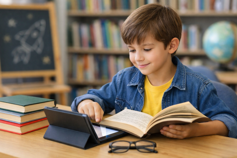 Criança lendo livro em ambiente escolar com apoio digital